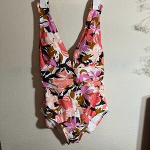 Kona Sol Floral Tropical Print High Coverage One Piece Swimsuit